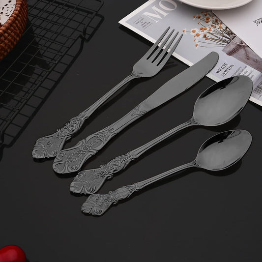 JASHII 24-Piece Black Cutlery Set Silverware Set, Mirror Polished, Stainless Steel Flatware Cutlery Eating Utensils Service for 6, Unique Elegant Pattern, Dishwasher Safe (Black)