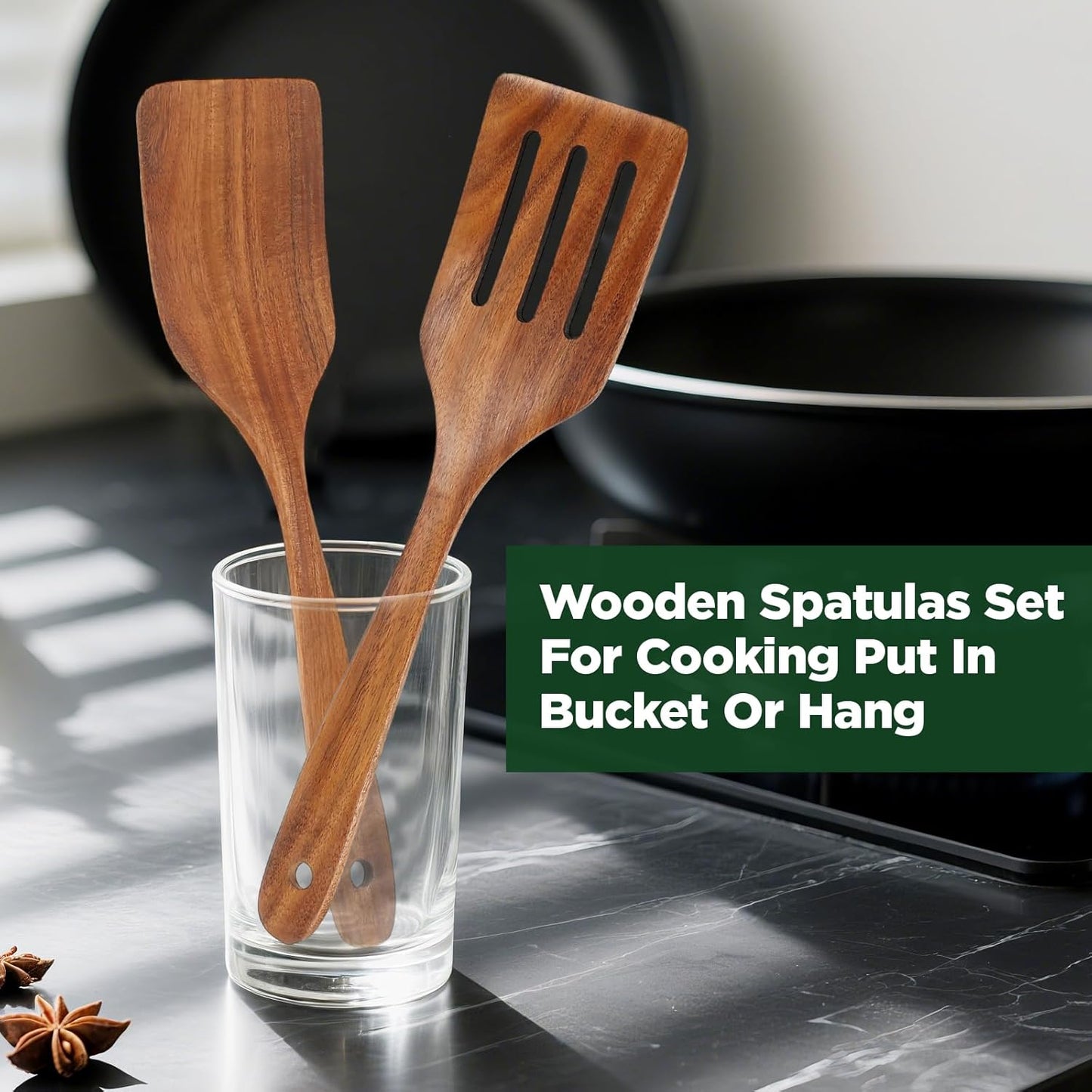 Teak Wood Spatulas Set for Nonstick Pan, Cooking Spoon, Slotted Turner(Spatula and Slotted Spatula)