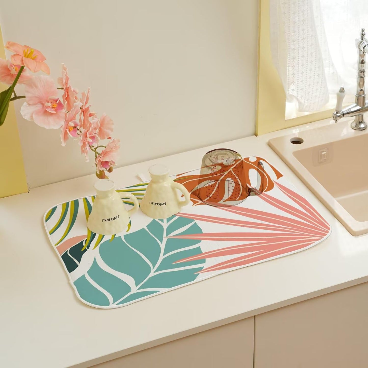 Summer Palm Leaf Dish Drying Mat 18 x 24 inch, Green Coral Tropical Leaf Decorative Drying Mats Microfiber Absorbent Dish Washable Draining Mat for Kitchen Counter Decor