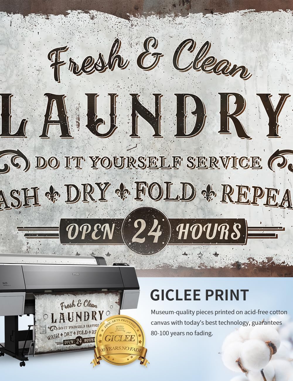 IPIC - Rustic Laundry Sign Wash Dry Fold Repeat, Canvas Print Wall Art for Family Laundry Room, Farmhouse Style Wall Decor For Home Decoration