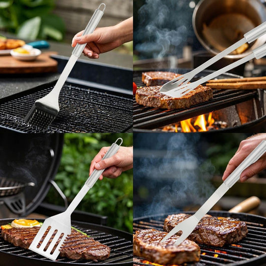 Stainless Steel BBQ Grill Tool Set - Barbecue Accessories & Utensils Sets - 4 Piece Spatula, Tongs, Cleaning Brush, Fork - 13.5" Barbeque Tools Kit - Gift for Grilling Lover Men Outdoor & Kitchen