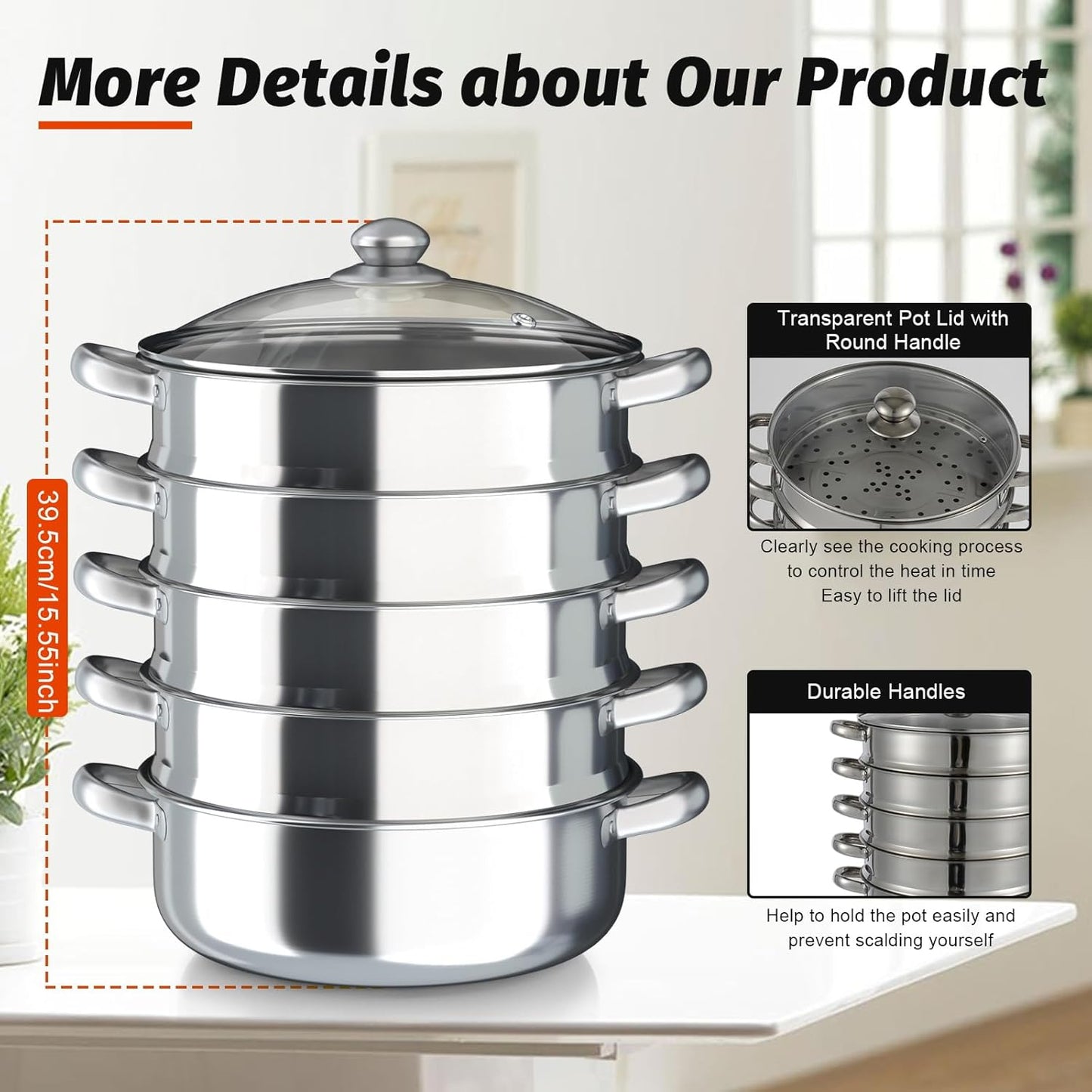 Steamer Pot Food-Grade Polished Stainless Steel Steamer Cooker Multi-functional 5-layer Fast Heating 26cm/28cm/30cm (30cm)