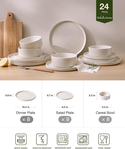 Famiware Nebula Plates and Bowls Set, 24 Pieces Dinnerware Sets, Dishes Set for 8, Creamy White with Colorful Speckles