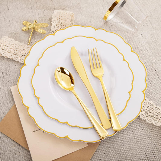 Morejoy 175PCS Gold Plastic Plates,White Gold Disposable Plates with Pre Rolled Napkins:25 Dinner Plates,25 Dessert Plates,25 Spoons,25 Forks,25Knives,25Cups,25Napkins for Party & Father's Day