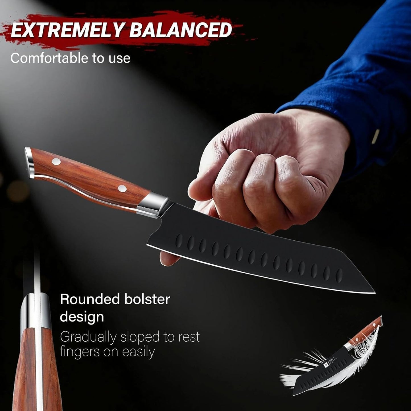 TIVOLI Santoku Knife, 7 Inch Professional Chef Knife, High Carbon Steel Ultra Sharp Deep Cooking Knife with Full Tang Ergonomic Wood Handle, Gift for Men Women Christmas