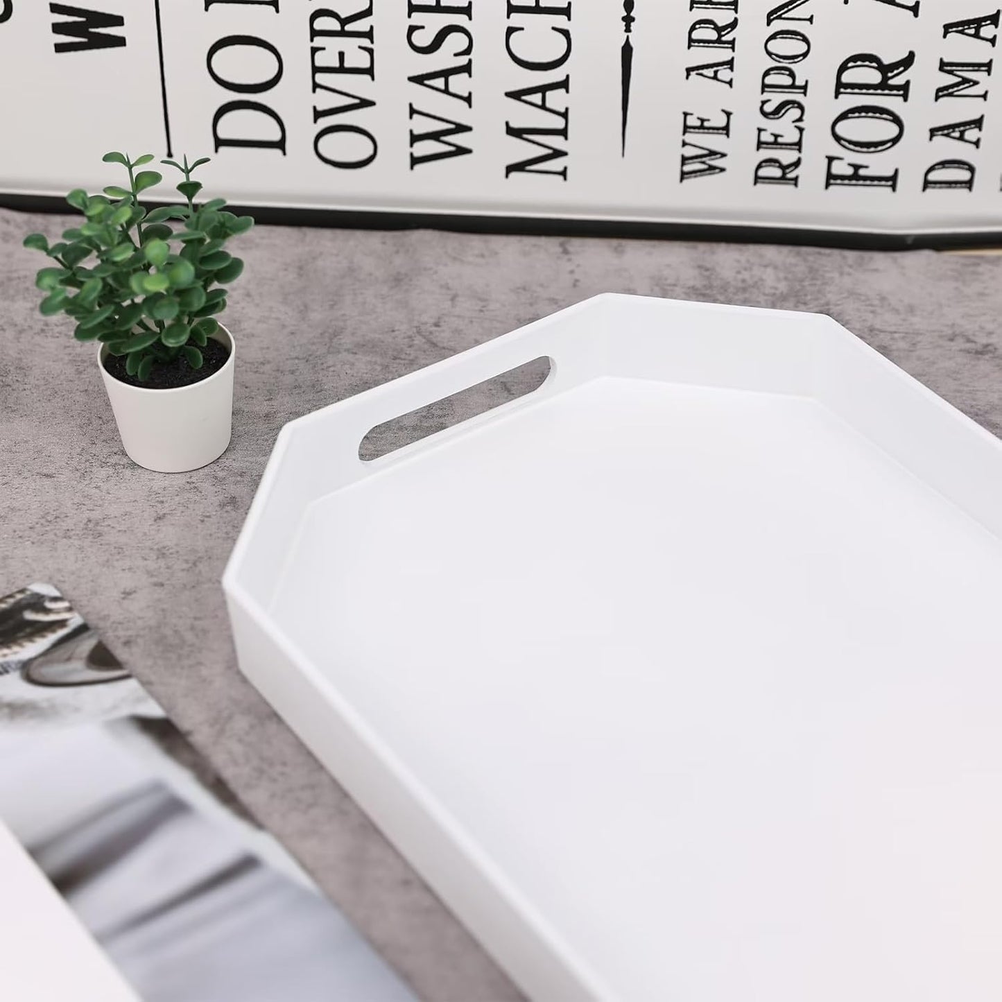 White Octagonal Serving Tray with Handles for Coffee Table, Plastic Decorative Tray for Ottoman, Kitchen Counter, Living Room, Outdoor Lacquer Tray for Entertaining