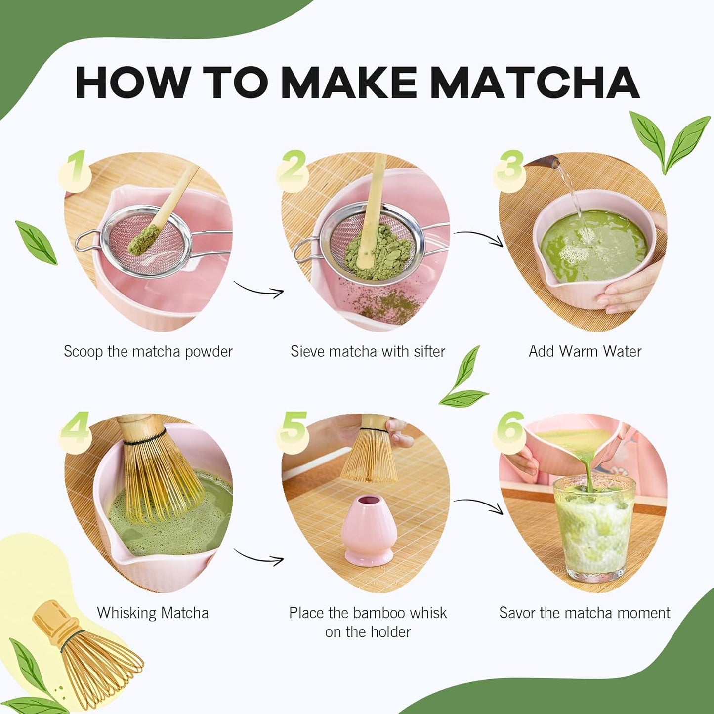 Traditional Matcha Tea Set, 8-Piece Ceremonial Kit with Ceramic Bowl, Bamboo Whisk, Holder, Scoop, Rest and Sifter-Pink