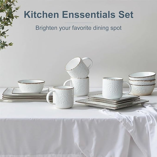 ONEMORE Ceramic Dinnerware Set, 16PCS Square Plates, Bowls & Cups Set - Scratch Resistant, Dishwasher Safe Kitchen Dishes, Ceramy White