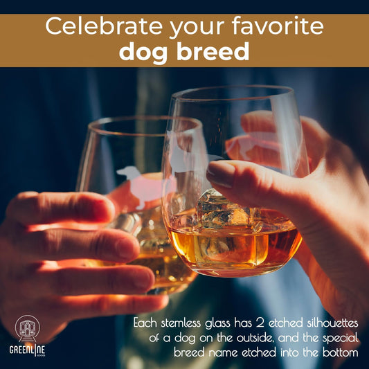 Greenline Goods Dachshund Stemless Wine Glasses (Set of 2) - Unique Gift for Weiner Dog Lovers - Etched 2-Sided Silhouette with Breed Name on the Bottom