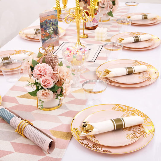 DaYammi 210Pcs Pink Gold Plastic Plates Floral Plates,Thanksgiving Disposable Dinnerware Set Includes 60 gold Pink plates,30 gold Plastic Silverware,30 Per Rolled Napkins,30 plastic Cups for Party