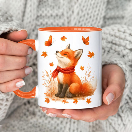 Hyturtle Fall Fox Coffee Mug And Keychain - Cute Fox Gift For Women - Autumn Animals For Lovers - Maple Leaf Animals Present For Her - Thanksgiving Decor - Coffee Cup Ceramic Mug 11 Oz