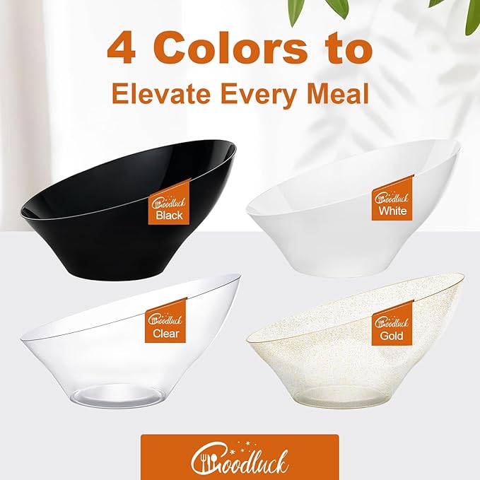 Goodluck 5 Pack Black Plastic Serving Bowls for Party - 20 OZ Angled Disposable Serving Bowls for Wedding Party Chip, Candy, Salad & Fruit