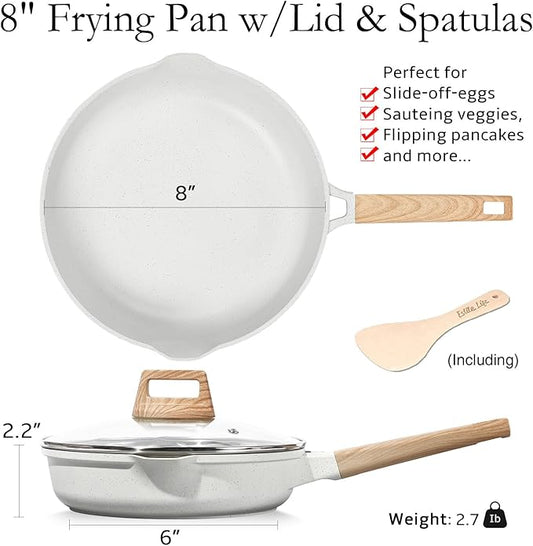 ESLITE LIFE Nonstick Ceramic Frying Pan Skillet with Lid, Non-Toxic Egg Omelette Kitchen Cooking Pans Compatible with All Stovetops (Gas, Electric & Induction), PTFE & PFOA Free (White, 8" w/Lid)