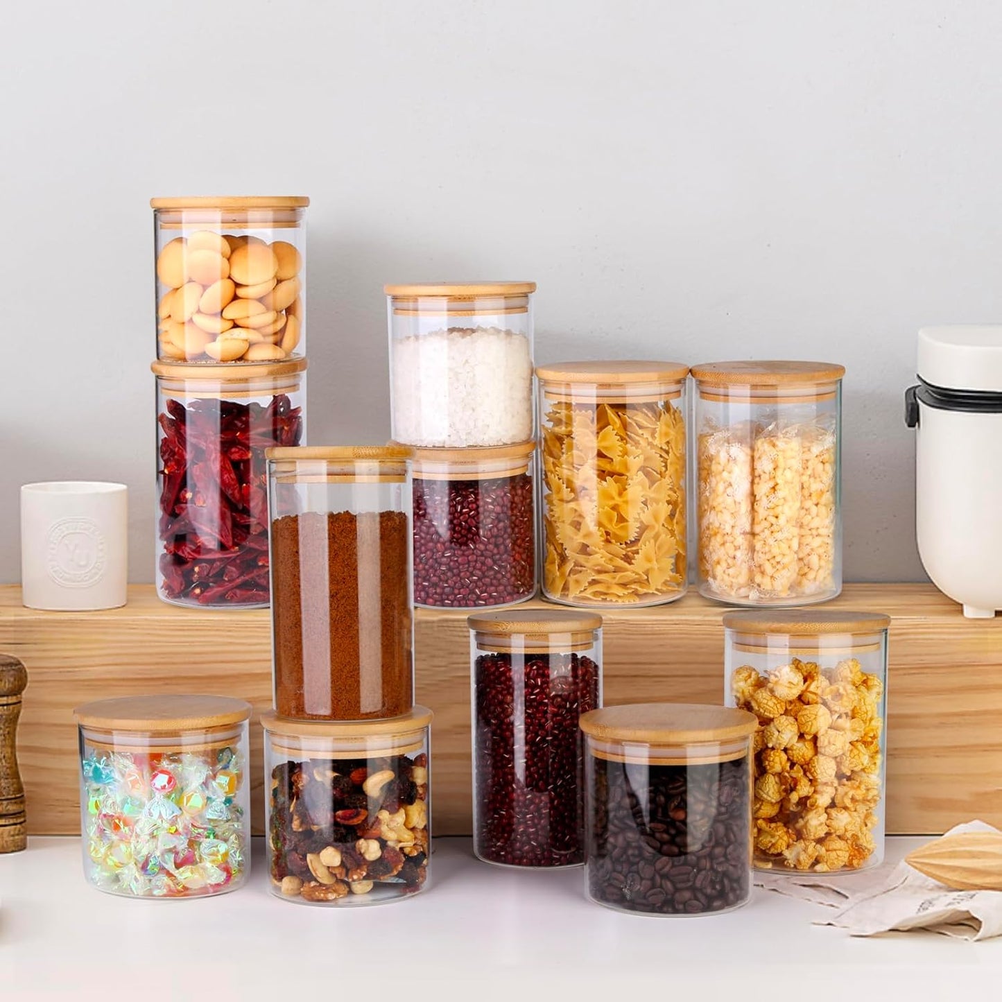 Glass Food Jars with Lids,31oz Glass Storage Containers with Airtight Bamboo Lids,Round Glass Canister Set of 4, Pantry Organizers and Storage for Cookie Flour Oat Pasta Tea Coffee Bean