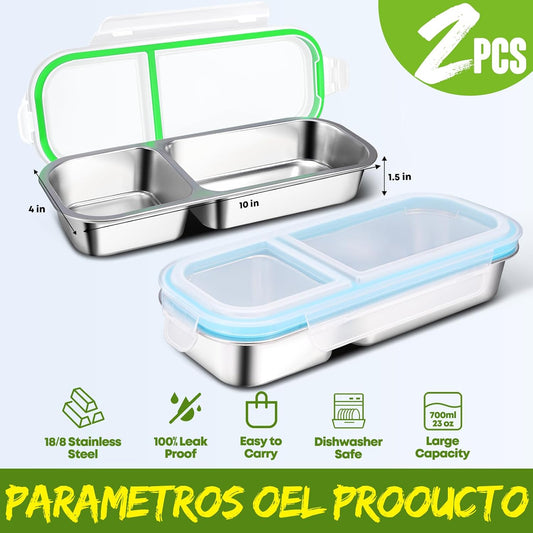2 Pack Stainless Steel Snack Containers with Lids - Reusable 2 Compartment Snackle Box Container Divide Wet Dry Leakproof Metal Food Storage Containers for School, Home, Travel (Blue + Green)