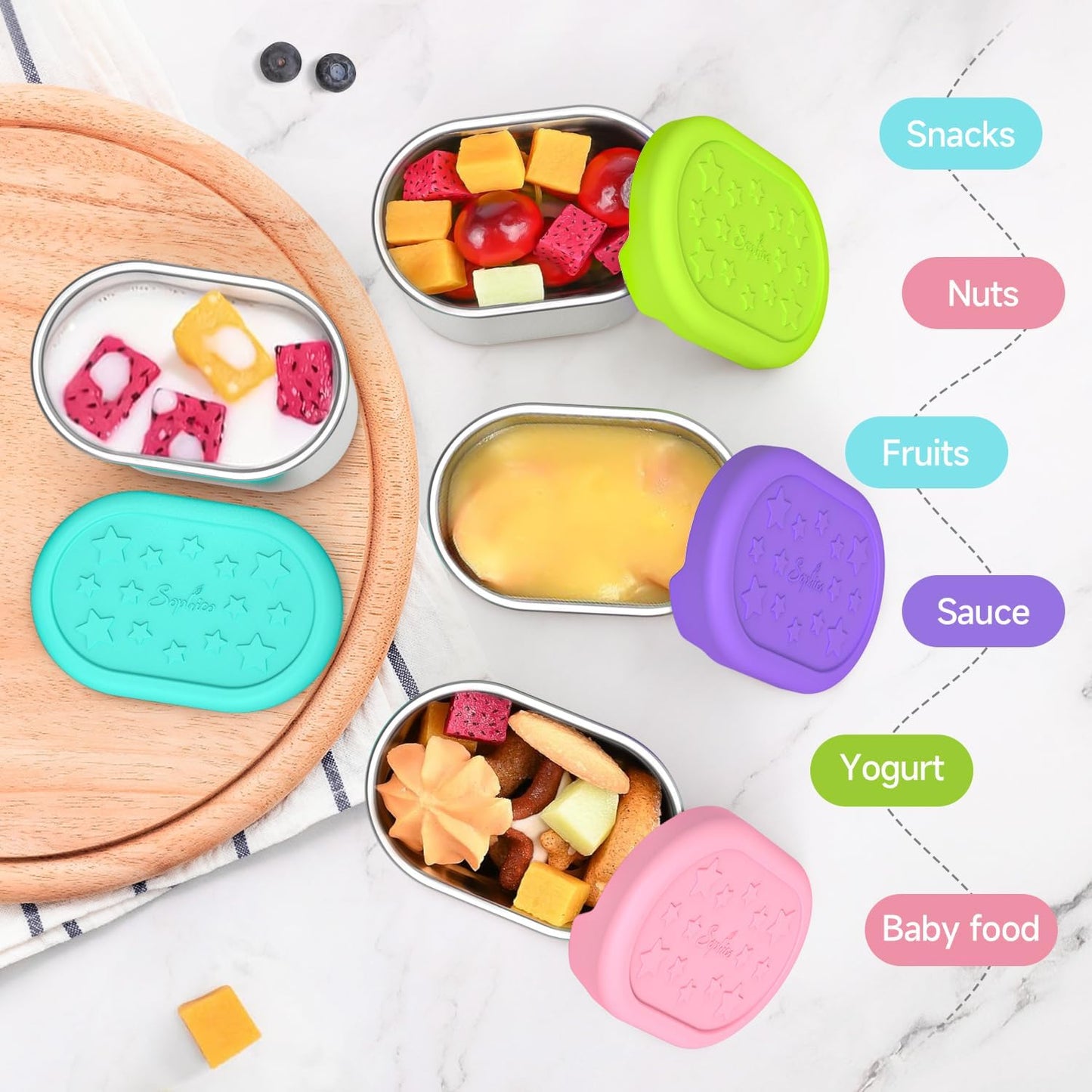 SOPHICO Stainless Steel Salad Dressing Condiment Containers with Leakproof Silicone Lids, 3 oz Mini Sauce Container and Portion Bento Box of Kids Lunch to Go for Snack, Dessert (MIX, 4 PACK)