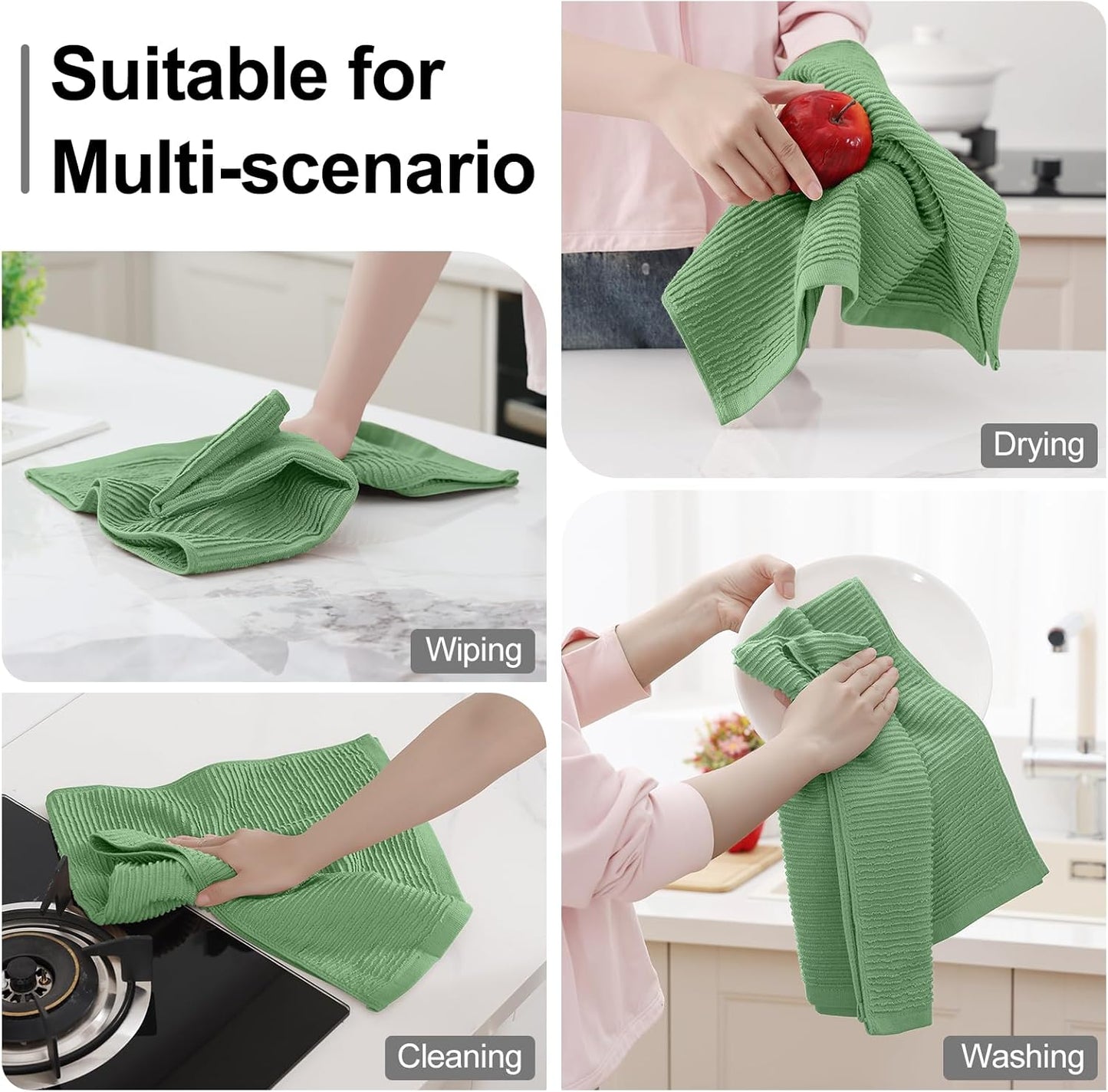 Homaxy Premium Kitchen Towels (18"x 28", 6 Pack), Large 100% Cotton Kitchen Hand Towels, Ultra Absorbent Ribbed Terry Tea Towels Set with Hanging Loop, Grass Green