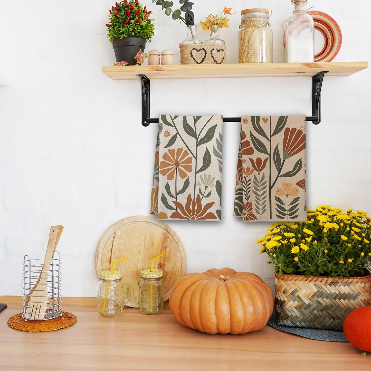 Boho Floral Kitchen Towels, Abstract Flowers House Hand Towel Set of 2, Vintage Gifts for Home Bathroom Holiday Decor - A03