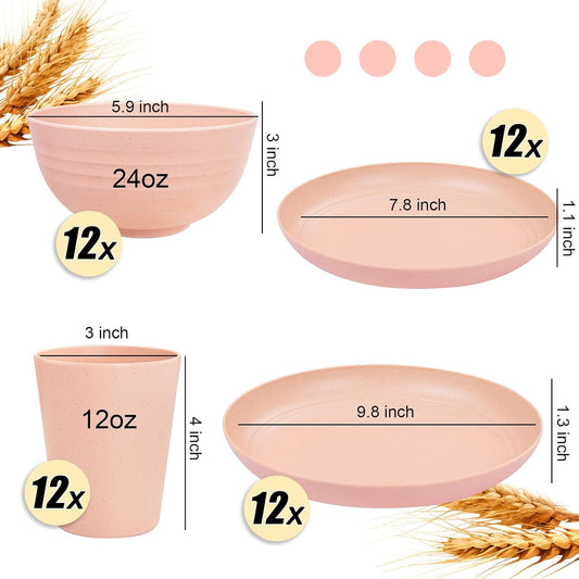 LIYH 48 Pcs Pink Wheat Straw Dinnerware Set, Plastic Plates and Bowls Dinnerware Set, Camping Dish Set for 12, Dishwasher Safe,Unbreakable Plates Reusable,Dish Sets Tableware