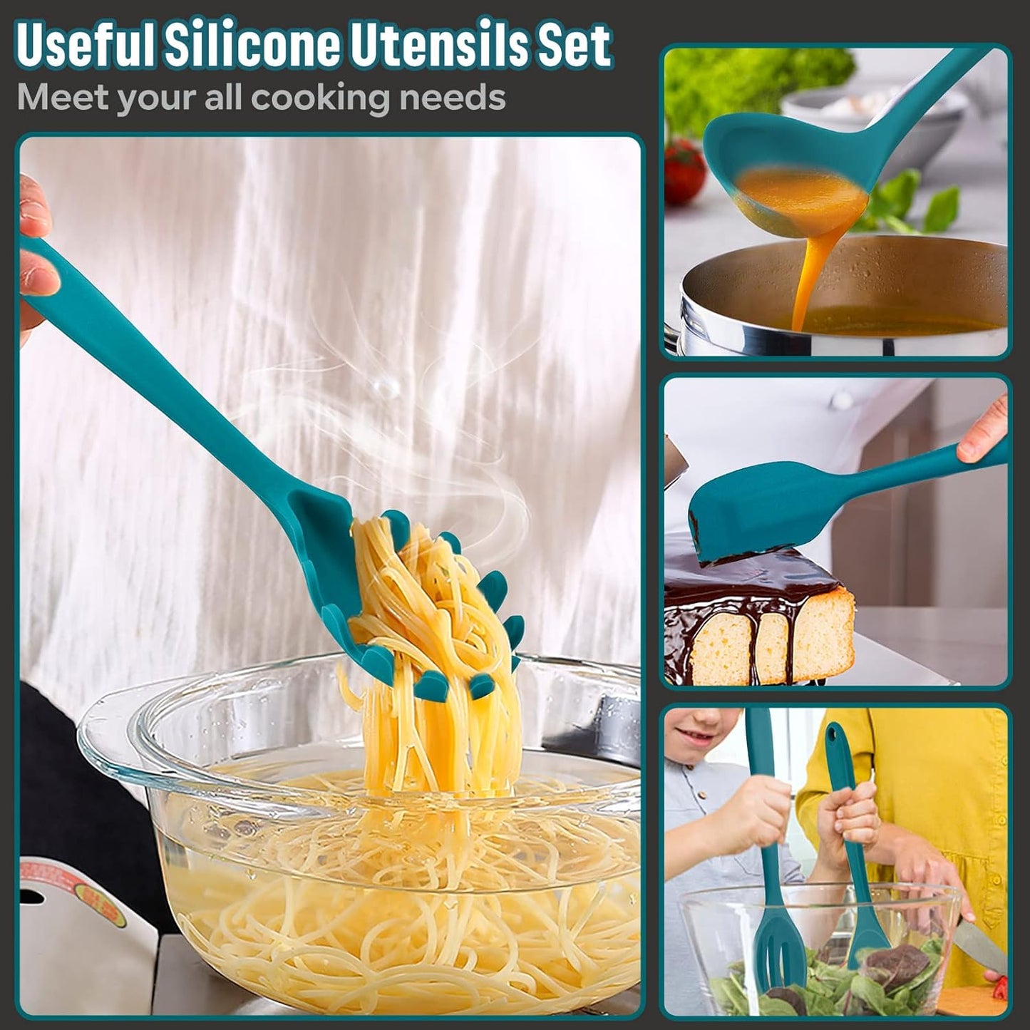 Silicone Cooking Utensils Set, E-far 7-Piece Blue Heat Resistant Kitchen Utensils Set, Kitchen Nonstick Tools Spatula Ladle Spoon Pasta Server for Non-stick Cookware, Non-Toxic & Dishwasher safe