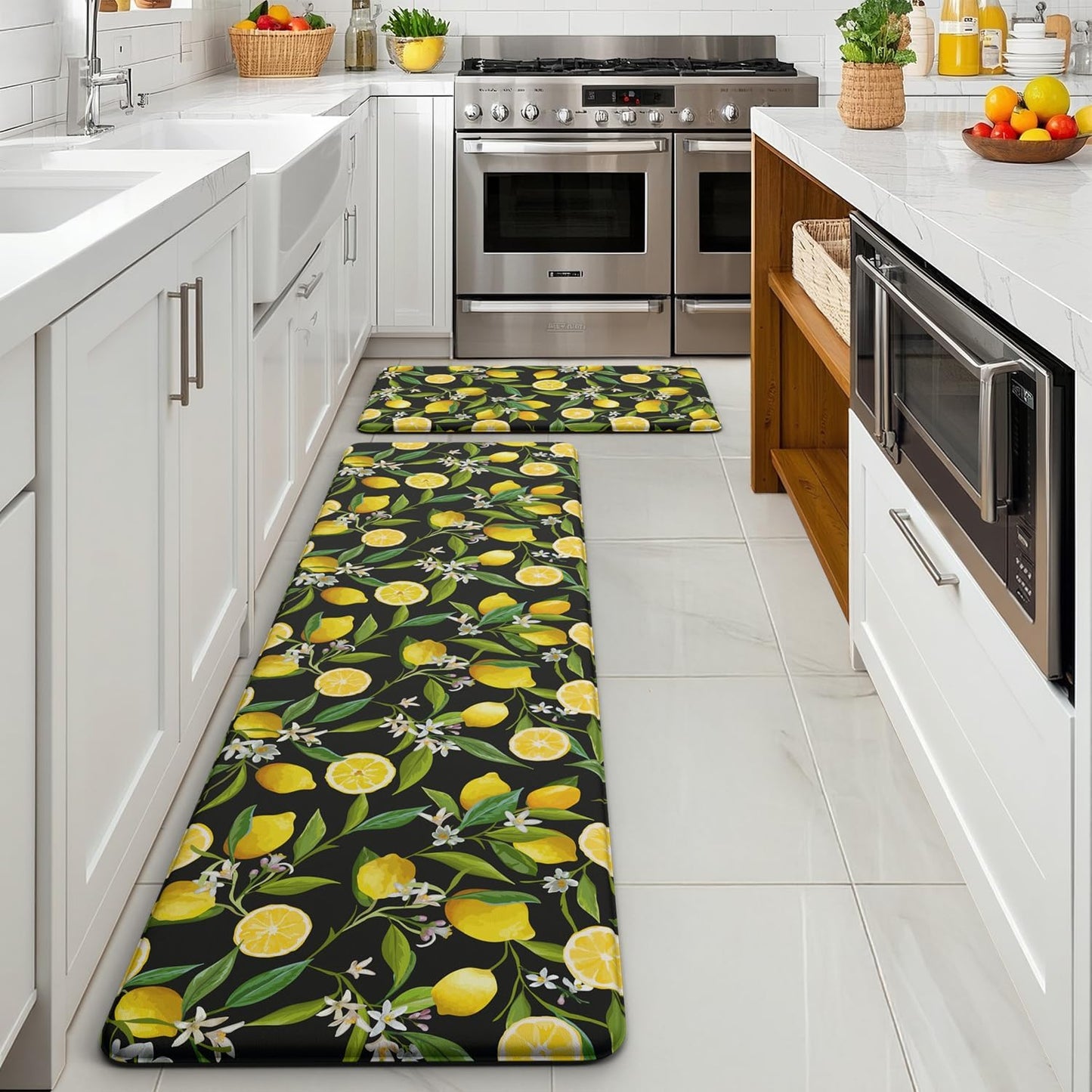 Lemon Kitchen Mats for Floor Set of 2 - Anti Fatigue Mats for Kitchen Floor, Cushioned Non-Skid Washable Memory Foam Rug for Office, Sink, Laundry (17.3"×29"+17.3"×47"-0.47") Black