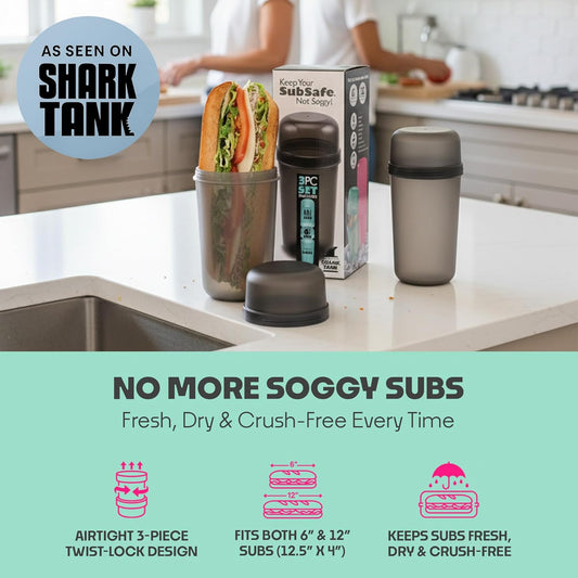 SubSafe 3-Piece Sub Sandwich Container, Charcoal Grey - As Seen on Shark Tank - Waterproof, Crushproof, BPA-Free Food Storage that Floats - Fits 6 & 12 in Subs - Great for Travel, Beach, Camping