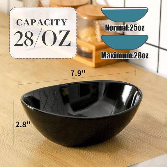 Hasense Serving Bowls, 28 oz Salad Bowls Porcelain Serving Dishes Set of 4 for Salads,Cereal,Soup,Pasta, Microwave and Dishwasher Safe, Black