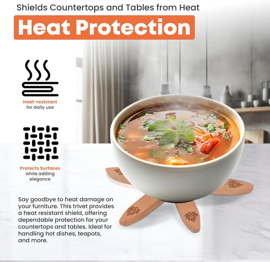 Expandable Wooden Trivets & Coaster Set for Hot Dishes Tree-Shaped Trivet Set – 4 Expanding Trivets + 1 Stand – Heat-Resistant Kitchen Decor for Pots, Bowls, Coffee & Teapots (Beech Wood)