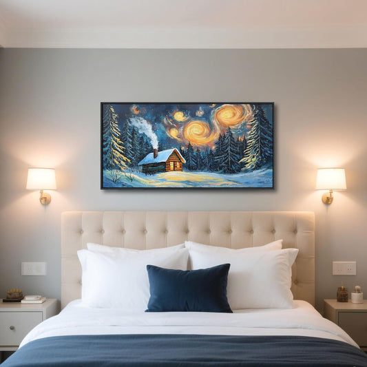 QZQCBLC Green Forest Wall Art, Farmhouse Hut Snow Scene Pictures Abstract Landscape Canvas Rustic Painting Artwork for Living room Bathroom Bedroom kitchen Home Office Decor 20x40 IN