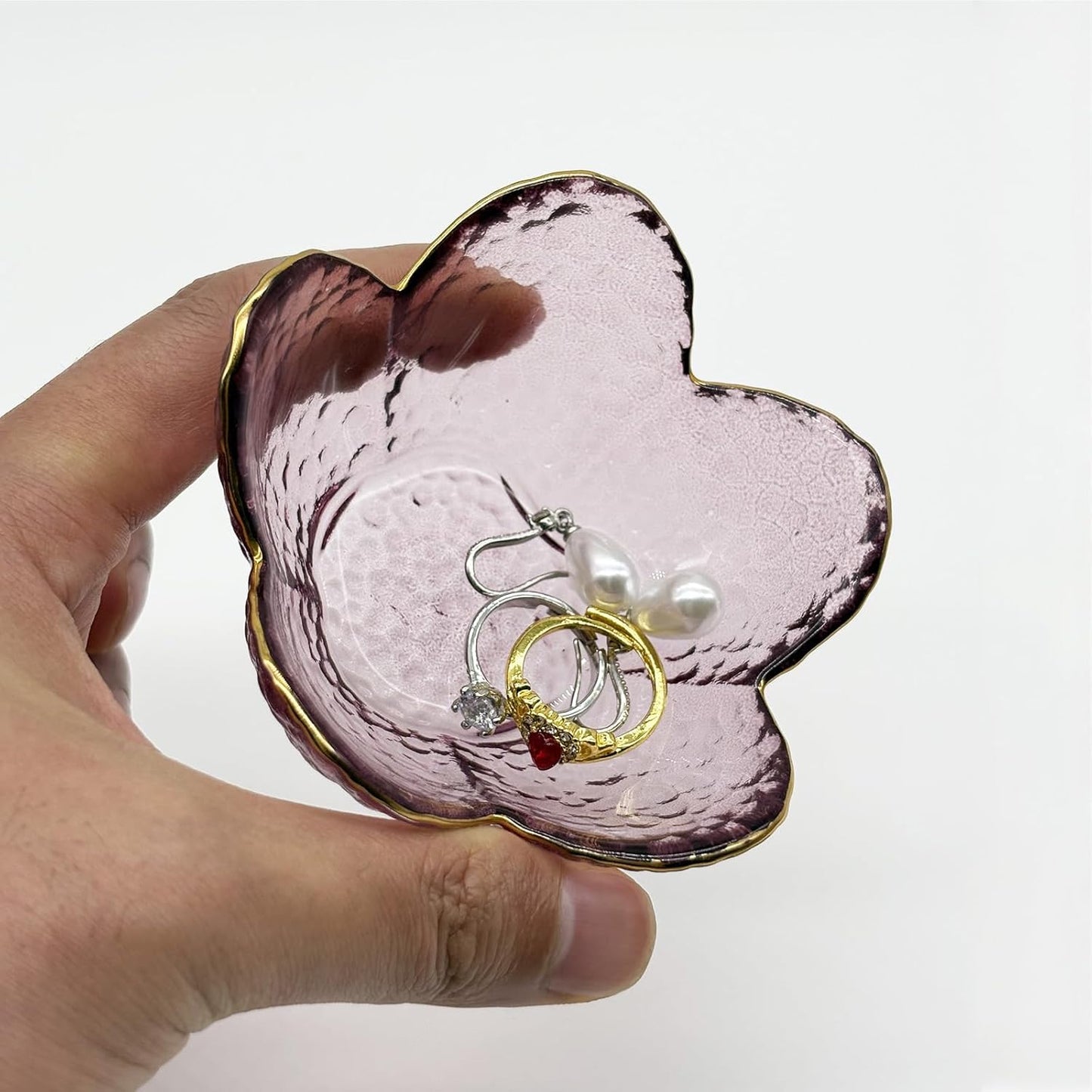 Purple Flower Ring Dish, Small Glass Jewelry Dish Tray, Ring Holder Jewlery Tray Trinket Dish, Bathroom Nightstand Decor Jewelry Bowl Christmas Friendship Birthday Gifts for Women, Soap Dish
