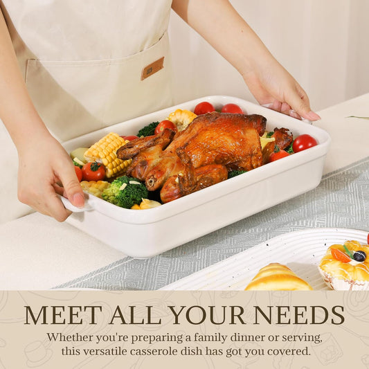Casserole Dish,Large Baking Dish Cookware,Deep Lasagna Pan for Oven,Ceramic Bakeware for Baking, Easy to Clean (White, 5.5 Quart,No Lid)