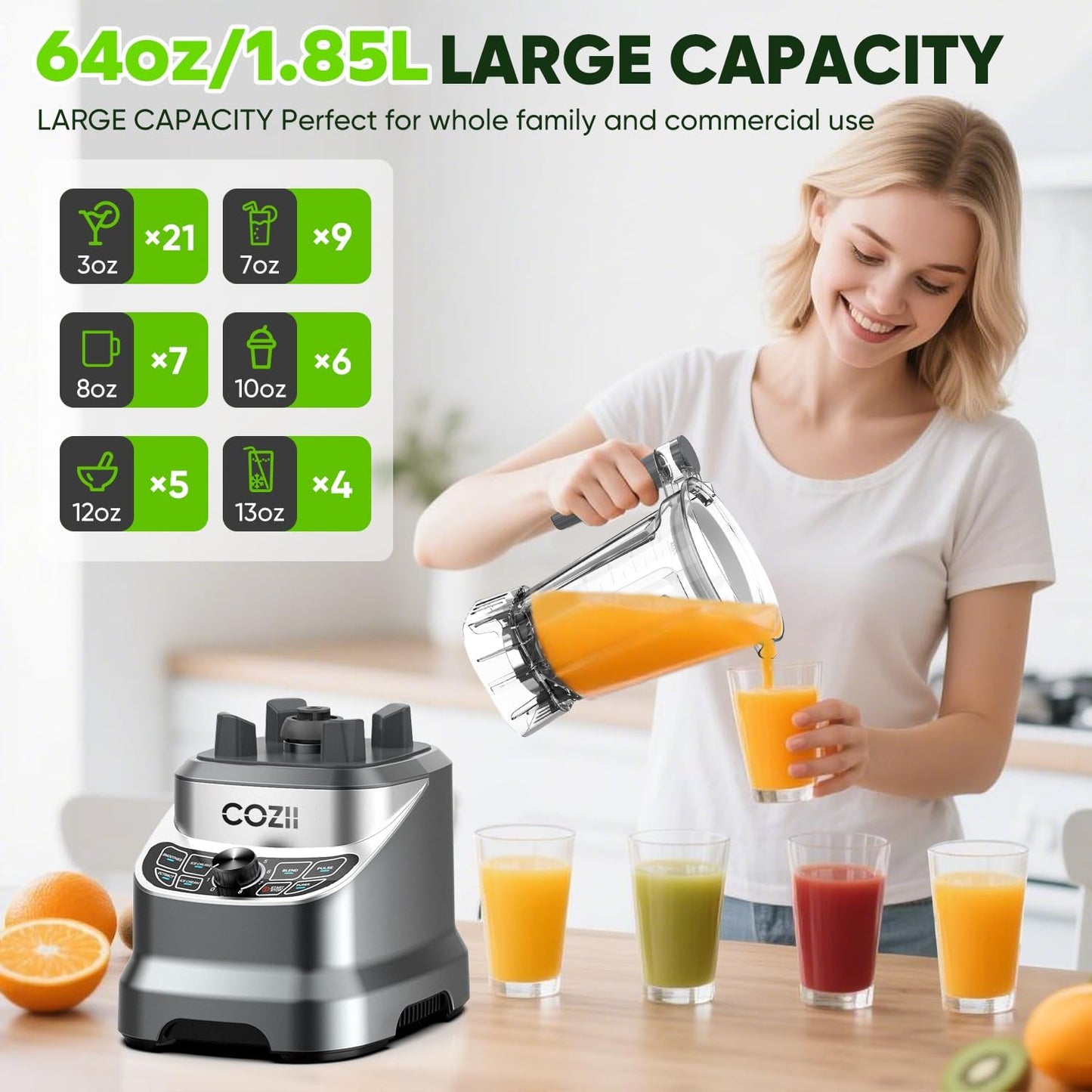 COZII Commercial Blender 2000 Peak Watt, Countertop Blenders for Kitchen,64 Oz Pitcher/21-Oz To-go Cup, 7 Preset Programs for Ice Crush/Frozen Drinks/Nut Butter, High Speed, Dishwasher Safe