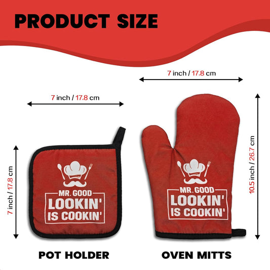 Red Oven Mitts and Pot Holders(Set of 2) Mr.Good Lookin' is Cookin' Heat Resistant Mitts Silicone Non-Slip Oven Mitts with Hanging Loop Great Birthday Gifts for Men Chef Husband Dad Friend