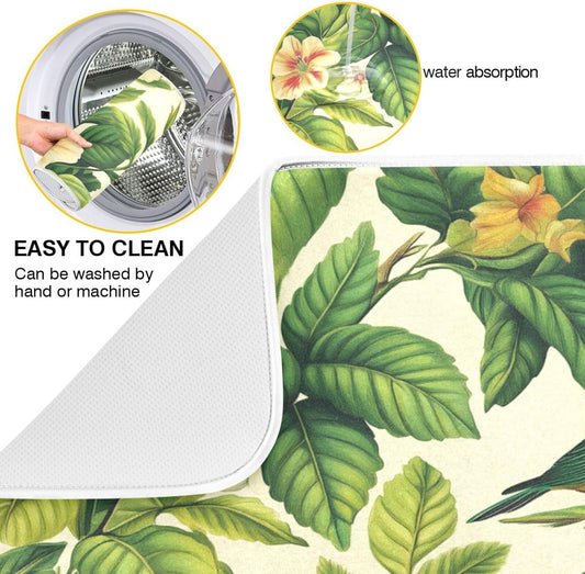 Green Leaf Bird Flower Dish Drying Mat for Kitchen Counter Super Absorbent Dishes Pad Reversible Microfiber Protector Dish Draining Mats 18x24 inch