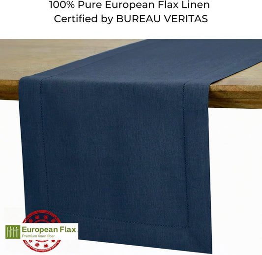 D'Moksha Homes Linen Navy Blue Table Runner 60 Inches - Classic Hemstitch, 100% Pure Linen Coffee Table Runner 14 x 60 Inch Ideal for Dresser Tables - Fall, Autumn and Halloween