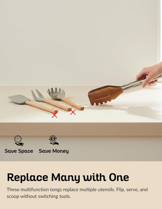 3-in-1 Kitchen Tongs & Pasta Server – 12 Inch Walnut Multifunction Tongs with Slotted Forked & Flat Tips for Pasta, Salad, Cooking and More – Elegant, Heat-Resistant Food Tongs for Home Cooks & Chefs