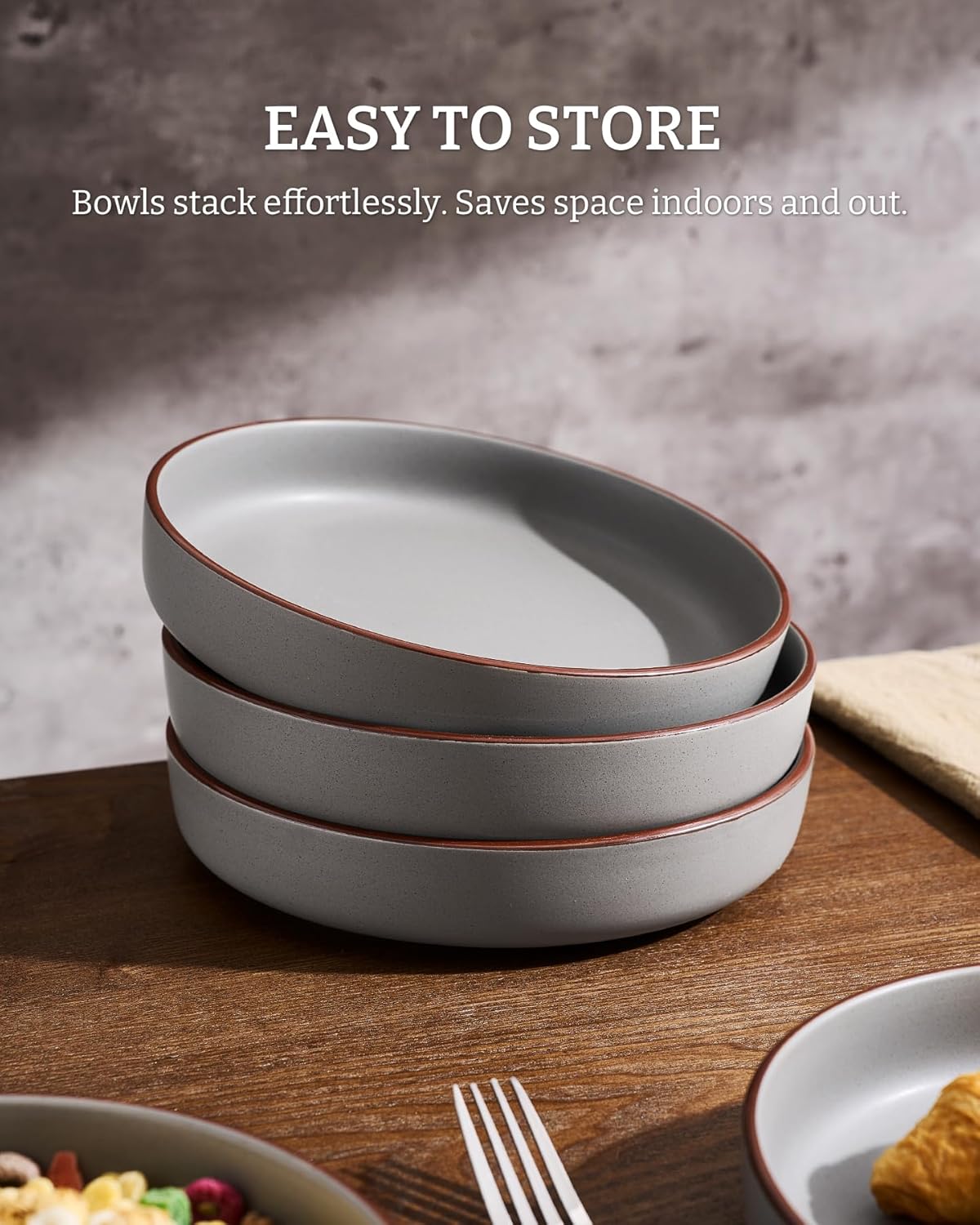 famiware Mercury Pasta Bowls Set of 4, 33 oz Large Salad Bowls, Ceramic Pasta Plates Bowls, Serving Bowls for Kitchen, Microwave & Dishwasher Safe, Dark Gray