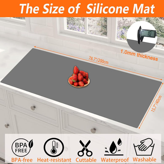 78.7''x15.7'' Large Silicone Mat, Silicone Mats for Kitchen Counter, Nonslip Heat Resistant Mat, Extra Large Kitchen Counter Mat, Waterproof Countertop Protector, Light Gray