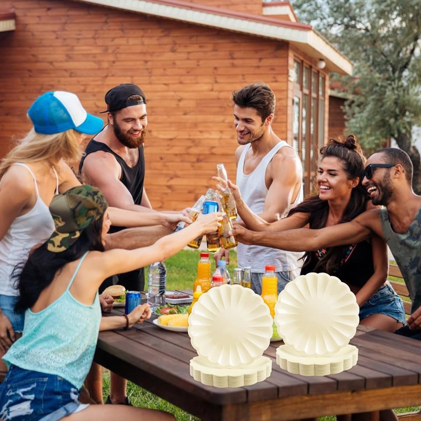 50Pcs Large Scalloped Cream Paper Plates 7Inch Shell Edge Dessert Plates for Cake Salad Fruit Disposable Dessert Serving Plates for Birthday Wedding Baby Shower Party Decorations