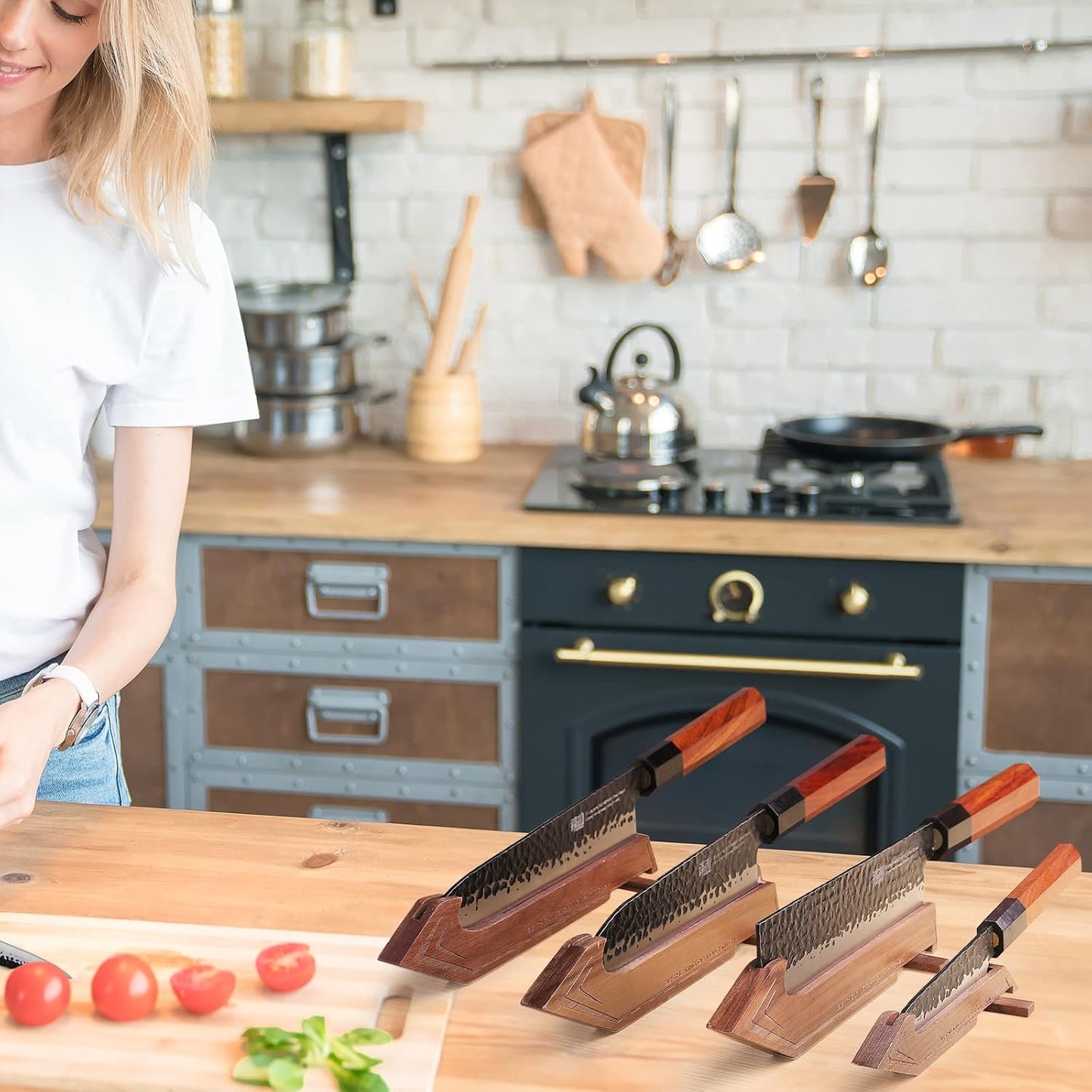 FINDKING Chefs Knives Set and Edge Guards, High Carbon Steel Kitchen Knives, Walnut Knife Holders, for Home Kitchen, Meat, Fruits, Vegetables, Dynasty Series, 8PCS