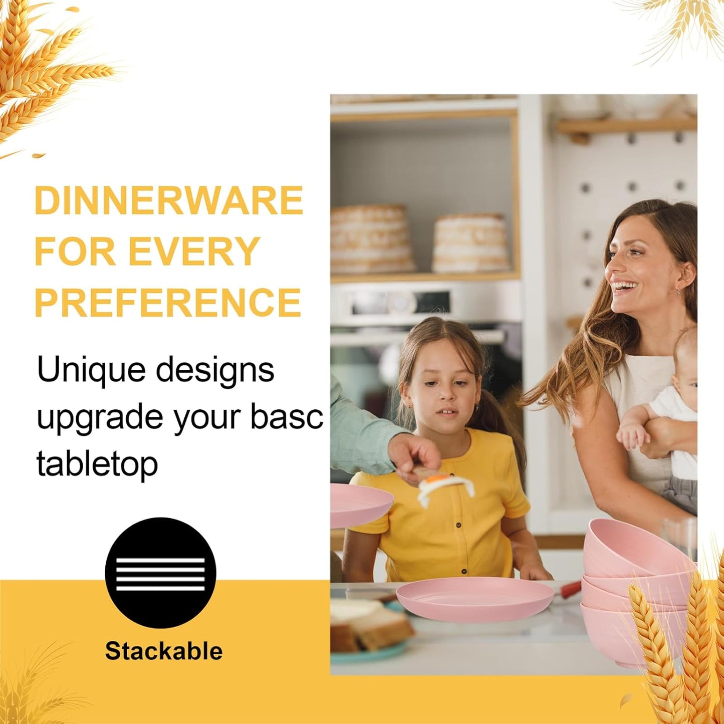 Rubtlamp 16Pcs Plastic Wheat Straw Dinnerware Set, Reusable Plastic Plate Set for 4, Kitchen Plates And Bowls Set (Pink) Include Dinner Platos, Dessert Platos, Cereal Bowls, Cups for Daily, Camping