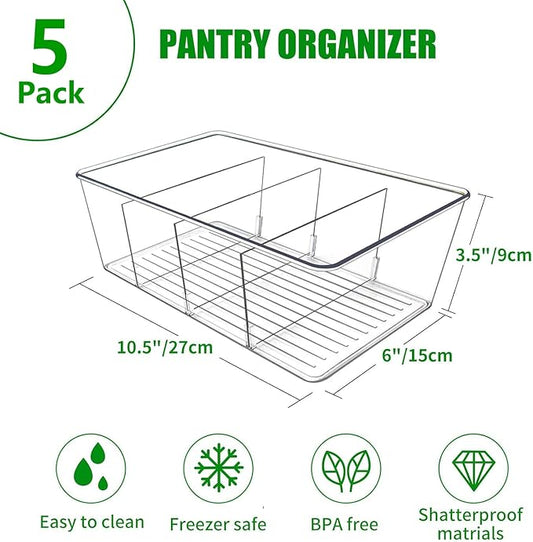 5 Pack Pantry Organizers and Storage,4 compartment Snack Containers for Kitchen,Fridge,Refrigerator Organization and Storage,Clear Plastic Bins for Spice,Tea bag,Seasoning organizer