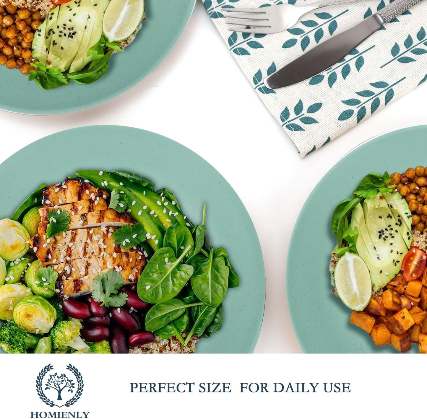 Homienly Flat Dinner Plates Set of 8 Alternative for Plastic Plates Microwave and Dishwasher Safe Wheat Straw Plates for Kitchen Unbreakable Kids Plates(Green, 10 inch), MS 01