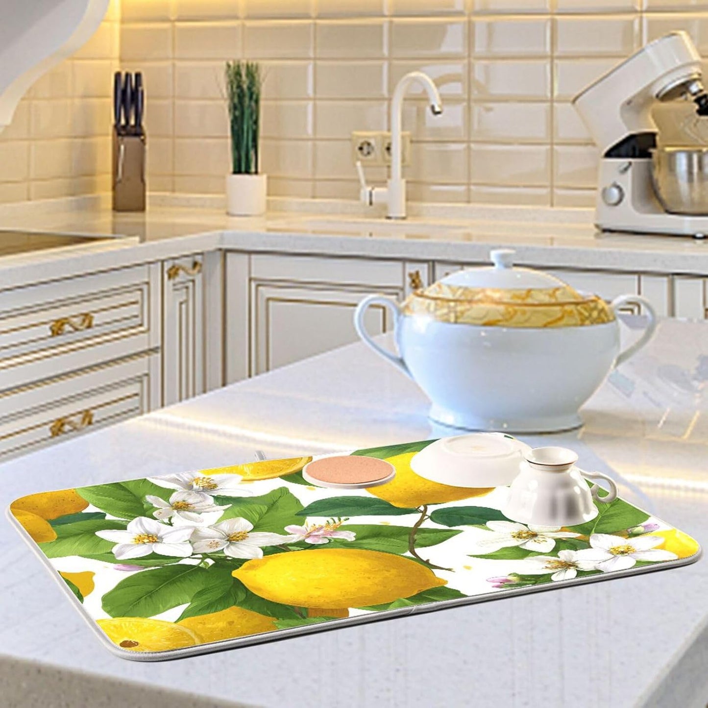 Yellow Lemon and White Flower Dish Drying Mat Super Absorbent Drying Mat 16x18 inch Large Dish Drying Mats for Kitchen Counter Dish Drying Pads Kitchen Drying Matt for Countertop