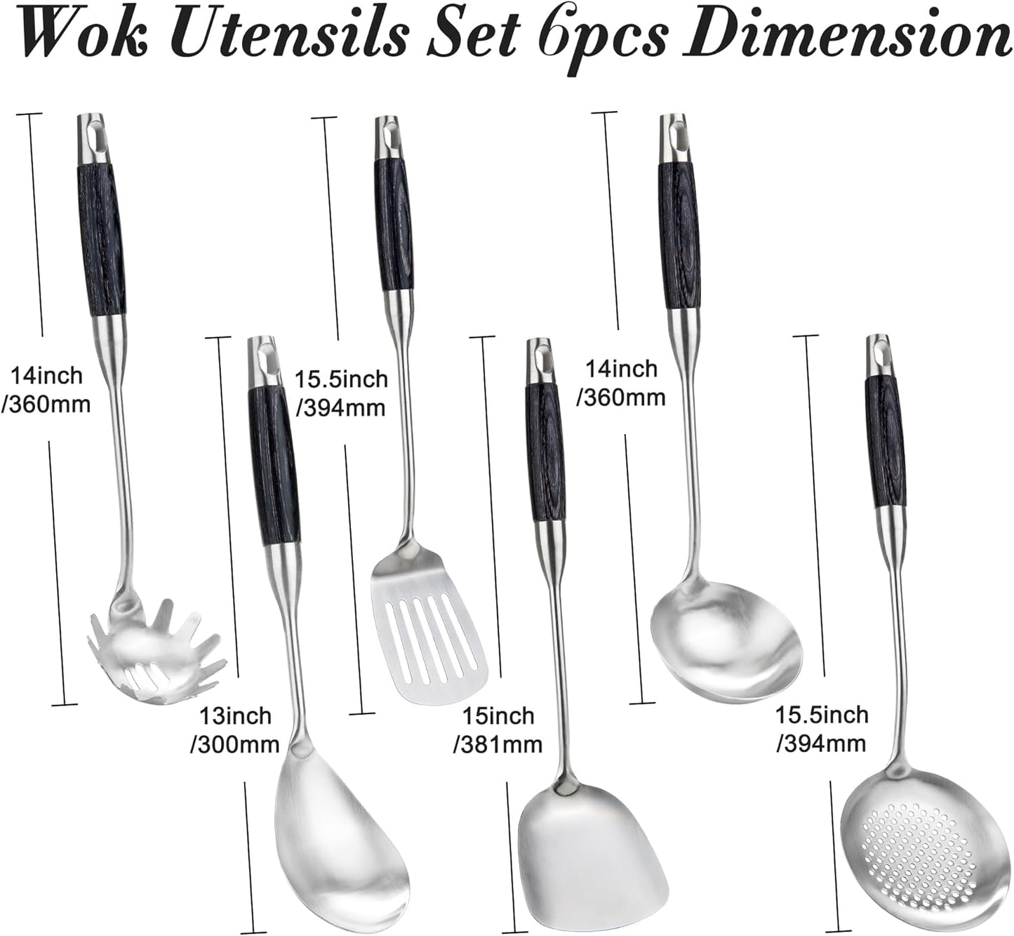 FJNATINH Stainless Steel Kitchen Utensils, Set of 6 Cooking Tools with Wooden Handle, Wok Spatula, Soup Ladle, Skimmer Spoon, Slotted Spatula Turner, Spaghetti Server, Solid Spoon