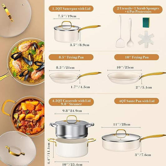 PekGema Ceramic Cookware Set 15-Pieces, Pots and Pans Set Non Stick, Oven Safe Non Toxic, Kitchen Cookware Set, PFOA PTFE FREE, Gold White
