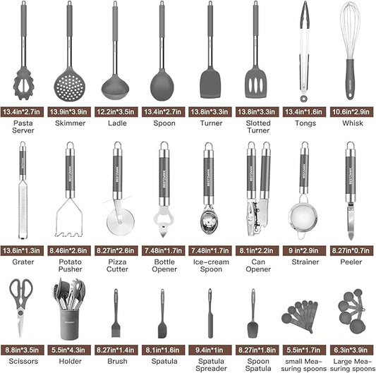 Kitchen Utensils Set-Silicone Cooking Utensils-32pcs Non-Stick Silicone Cooking Kitchen Utensils Spatula Set with Holder-Best Kitchen Cookware with Stainless Steel Handle (Grey)