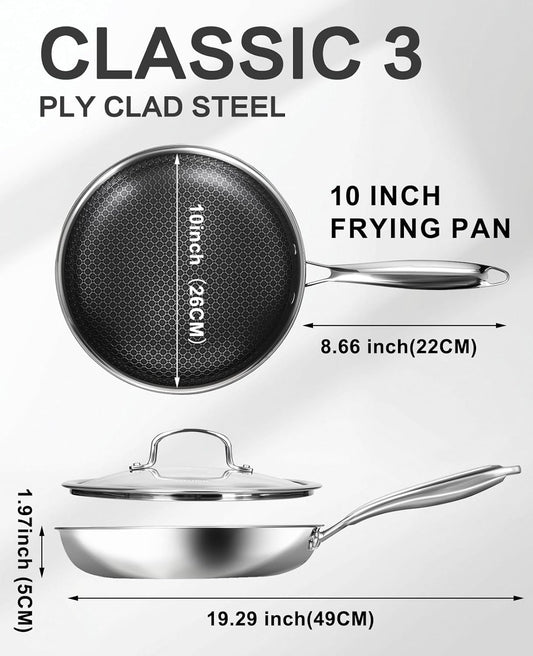 Non Stick Frying Pans with Lids, 10 Inch Fry Pan, Hybrid Large Frying Pan with Lid, Nonstick Skillet Stainless Steel, Dishwasher & Oven-Safe, Induction Compatible Cooking Pan