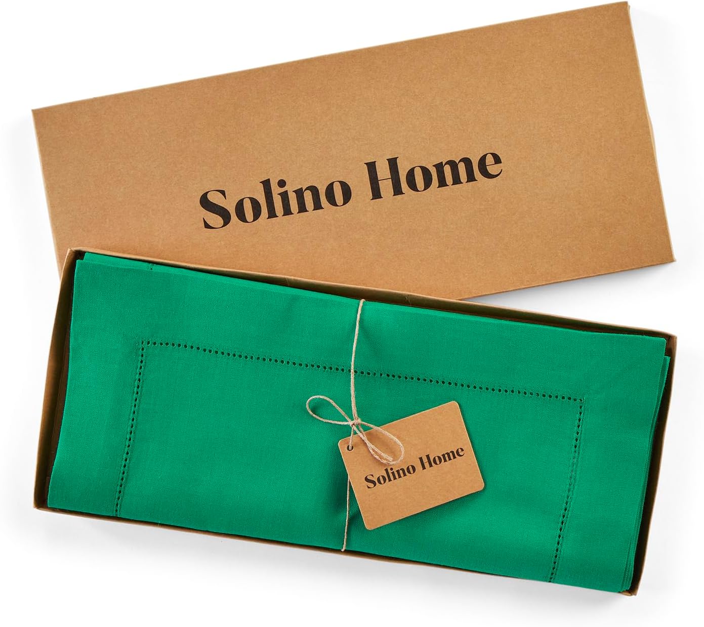 Solino Home Linen Emerald Green Hemstitch Table Runner 60 Inches - 100% Pure Linen Small Table Runner 14 x 60 Inch Ideal for Dresser and Coffee Tables - Classic Hemstitch - Christmas