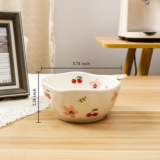 Koythin Ceramic Cereal Bowl, Cute Flowers Pattern Kitchen Bowls for Cereal, Salad, Pasta, Soup, Dessert, Serving, Home Decor, Microwave and Dishwasher Safe (Pink Flowers and Cherry)